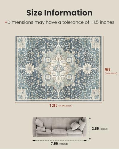 Amada Large 9x12 Washable Area Rug for Living Room, Blue/Yellow, Vintage