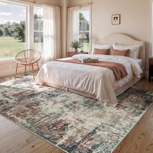 Rugflix 9x12 Area Rugs for Living Room, Washable Rust Brown Green Large Rug
