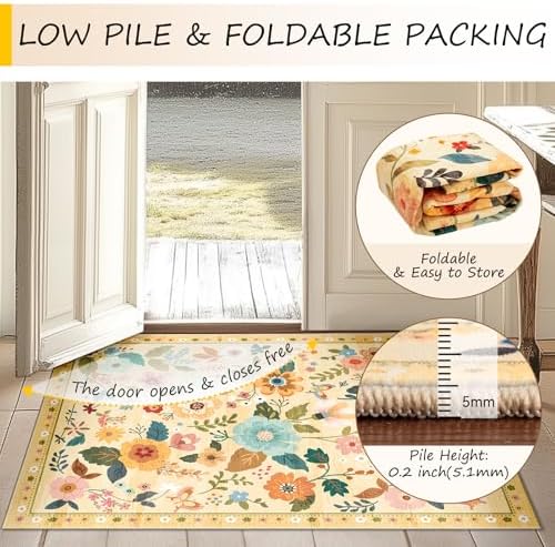 RELEANY Floral Washable 3x5 Area Rugs Yellow/Orange