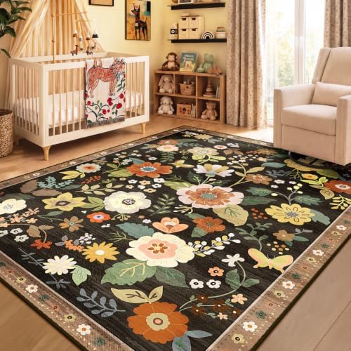 RELEANY Floral Washable 6x9 Area Rugs Black/Yellow