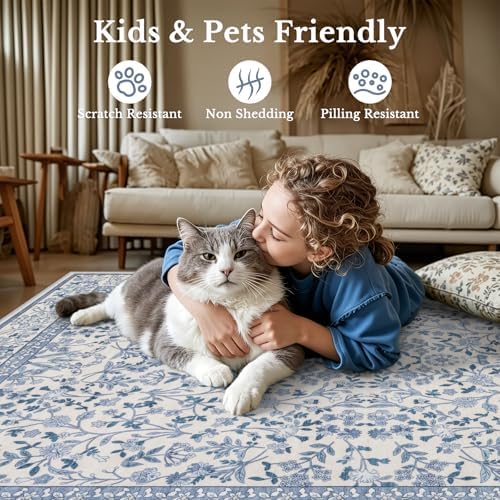 Area Rug 9x12 Living Room: Soft Floral Washable Boho Carpet Blue