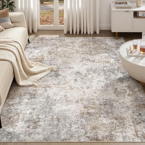 UERMEI 7x9 Area Rug Living Room Rugs - Washable Neutral Modern Abstract Soft Thin Large Rug Indoor Floor No Slip Rug Carpet for Bedroom Under Dining Table Home Office Decor - Brown Grey