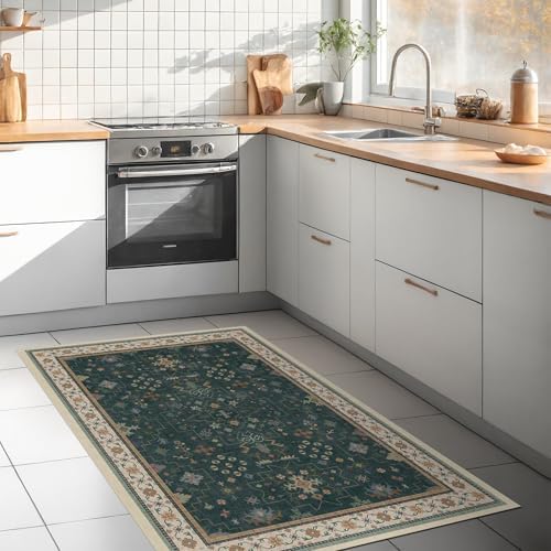 Dark Green Oushak 3x6 Kitchen Rug - Modern Vintage Boho Floral Moody, Washable Low Pile Non-Slip Area Rugs for Large Entryway, Door Mat Indoor Entrance, Kitchen, Bedroom Beside Bed