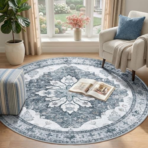 RELEANY Washable Area Rug, Round 4ft, Grey/White/Beige