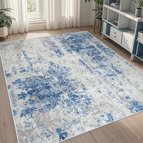 5x7 Area Rugs for Living Room Washable Bedroom Dining Room Blue Grey White