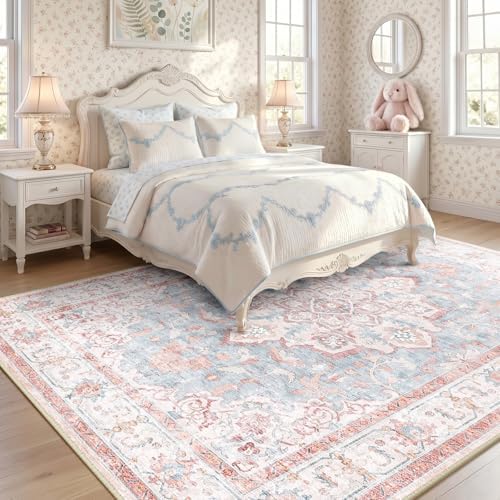 CAPALOCA 9x12 Washable Nursery Girls Low Pile Area Rug Pink Blue