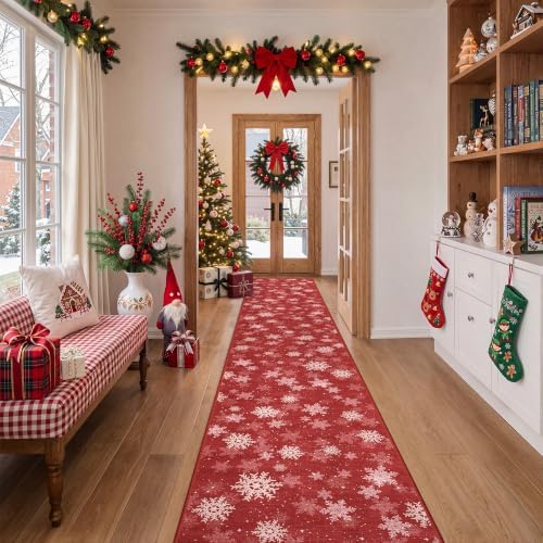 2x12 Christmas Runner Rug for Hallway,Washable Kitchen Rugs,Red