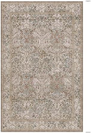 Dining Room Rugs for Under Table - 5x8 Washable Moss Green Oriental Area Rug for Living Room, Low Pile Non-Slip Floor Carpet for Bedroom - Vintage Brown Design & Stain Resistance