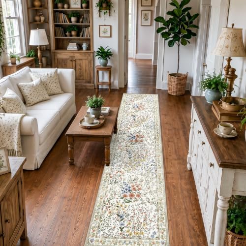 Washable Long Runner Rug 3x12: Vintage Botanical Runner for Large Hallway Office Gallery - Machine Washable Non Slip Low Pile Carpet - Soft Foldable Rug for Busy Indoor Spaces - 3'x12' Beige