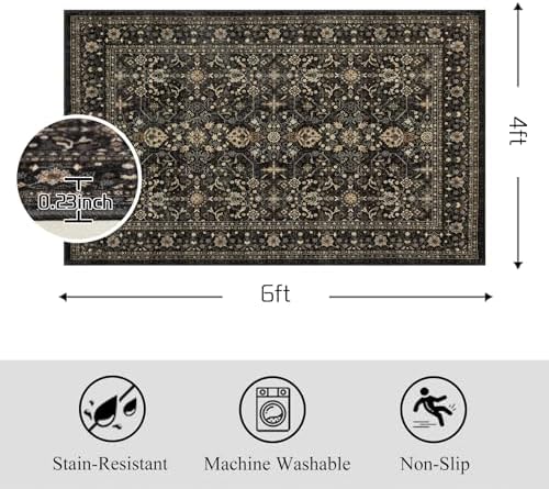 Ruaruarug Washable Area Rug 4×6 for Living Room, Ultra Soft, Black Grey