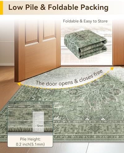RELEANY Washable Area Rug, 3'x4', Green/Dark Green/Gray