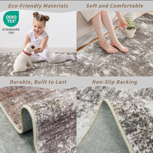 3x16 ft Non-Slip Hallway Runner Rug Washable Rubber Backed Large Carpet Runner for Hall, Kitchen Floor, Entryway, Bedroom, Living Room Abstract Modern Neutral Low-Pile Thin Brown Beige
