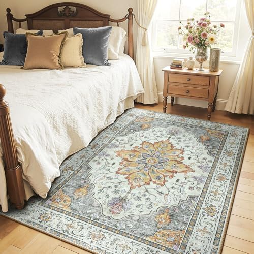 RELEANY Washable Area Rug, 5'x7', Beige/Carbon Grey/Orange