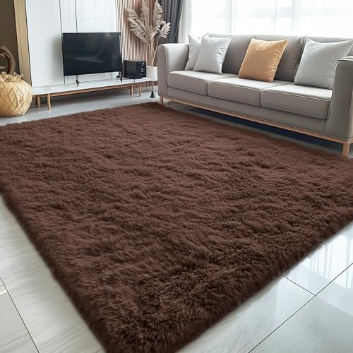 OLANLY 5x8 Machine Washable Large Area Rugs for Living Room, Bedroom, Soft Fluffy Shaggy Bedside Rug, Indoor Floor Carpet for Kids Girls and Boys, Dorms, Nursery, Home Decor Aesthetic, Coffee