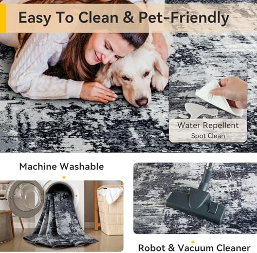 RELEANY Washable 8'x10' Abstract Area Rug for Living Room Black White