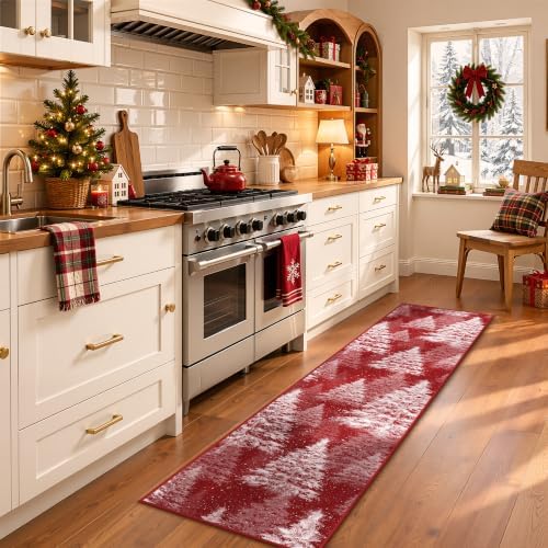 Madane Christmas Runner Rug 2x8 for Hallway, Washable Soft Kitchen Rug Red
