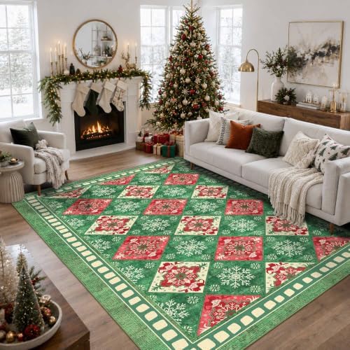 Green Christmas Area Rug 8x10, Large Checkered Washable Rug for Living Room