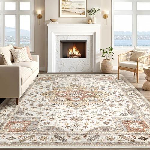 cotiled 9x12 Area Rug for Living Room, Washable, Traditional, Golden Taupe