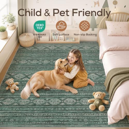 Nakagishi 8X10 Area Rugs Living Room: Washable Boho Large Neutral Modern Soft Farmhouse Green Rug Stain Resistant Indoor Floor Non-Slip Carpet for Women Home Enthusiasts Aged 25-45 - Bedroom Room