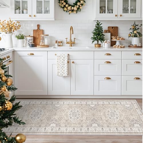 Hallway Washable Runner Rug - 2x7 Kitchen Rugs Entryway Rug Runner Vintage Soft Floor Mat Non Slip Indoor Farmhouse Carpet for Bathroom Living Room Bedroom (2 X 7, Beige)