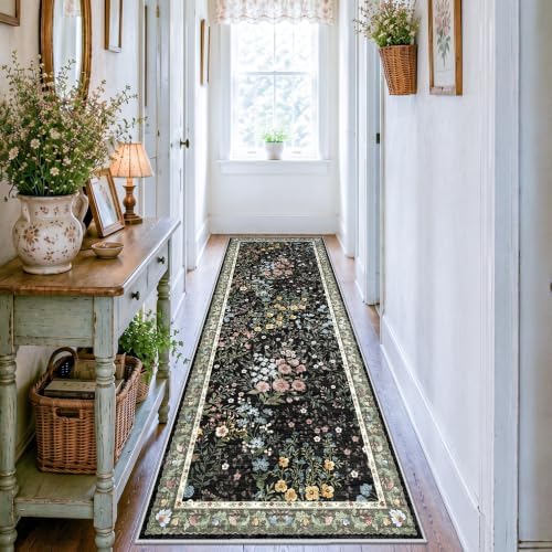 Washable Hallway Runner Rug 3x8: Vintage Botanical Floral Rug for Apartment Hallway Foyer - Machine Washable Non Slip Low Pile Carpet - Soft Foldable Runner for High Traffic Areas - 3'x8' Black