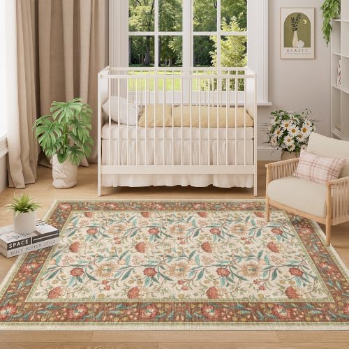 DUKINO 4x6 Area Rug, Washable Vintage Floral Rug for Living Room, Brown