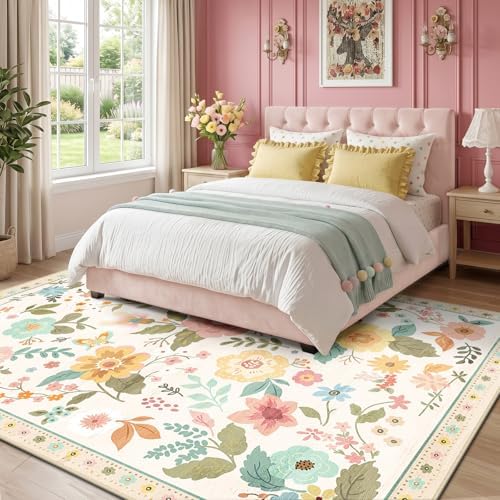 RELEANY Floral Washable 5x7 Area Rugs Beige/White/Orange