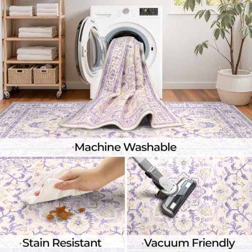 CAPALOCA 6x9 Washable Nursery Girls Low Pile Area Rug Purple Beige