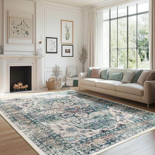 BESTSWEETIE Washable Boho 8x10 Area Rug, No Pile for Living Room, Green