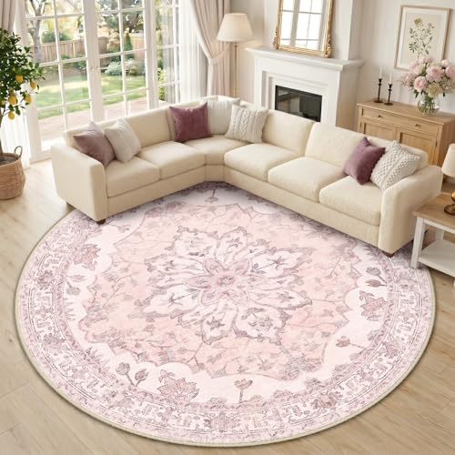 RELEANY Washable Area Rug, Round 10ft, Pink