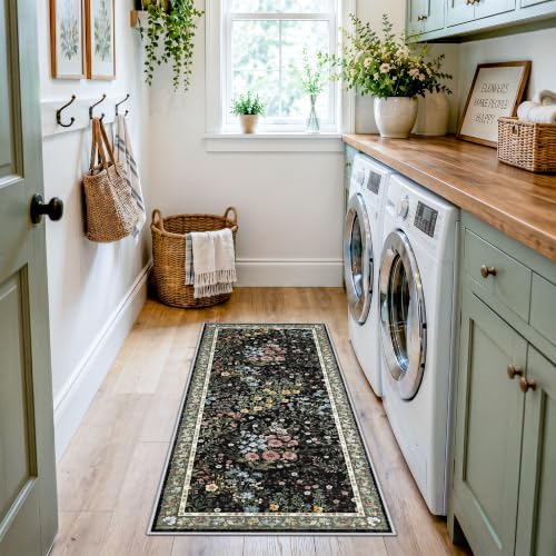Washable Kitchen Runner Rug 2x5: Vintage Floral Rug for Kitchen Entryway - Machine Washable Non Slip Low Pile Carpet - Soft Foldable Runner for Everyday Family Use - 2'x5' Black