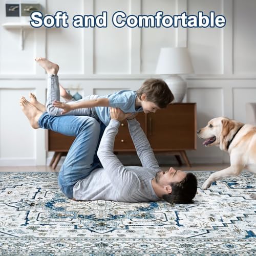 Area Rugs for Living Room 10x12 - Large Machine Washable Vintage Oriental Soft Rug, Low Pile Thin Carpet with Non Slip Backing for Bedroom, Dorm, Under Dining Room Table, Indoor House, Office Decor