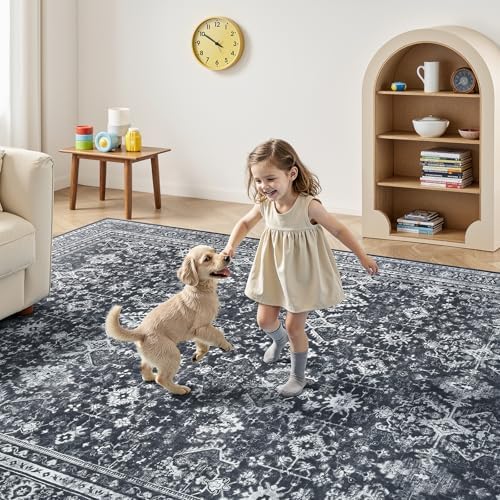 5x7 Area Rugs for Living Room Bedroom, Black Washable Non-Slip Carpet