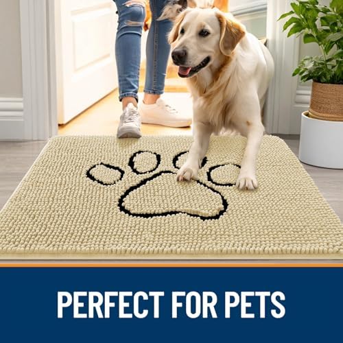 OLANLY Dog Door Mat for Muddy Paws 48x30, Paw Print Design Chenille Mud Mat