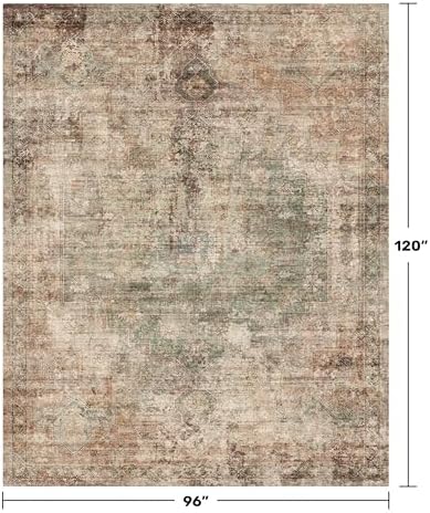 Farmhouse Floor Rugs for Living Room - Brown and Green Dining Room Area Rugs 8x10 for Bedroom, Washable, Soft, Lightweight & Stain Resistance, Neutral Dark Vintage Medallion Decor, Distressed Design