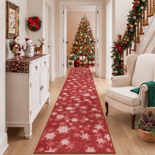 2x12 Christmas Runner Rug for Hallway,Washable Kitchen Rugs,Red