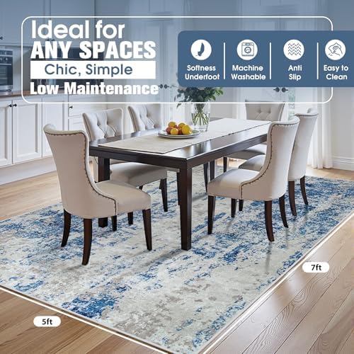 5x7 Area Rugs for Living Room Washable Bedroom Dining Room Blue Grey White