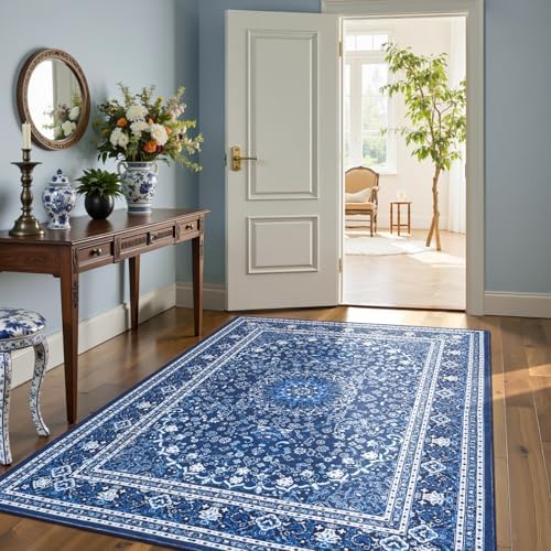 5x7 Area Rugs for Living Room, Washable Non-Slip Rug, Oriental Dark Blue
