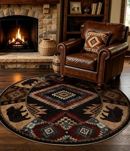YIHOUSE Washable Western Cabin Round Rug, 4ft