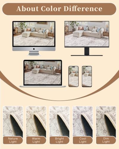 Madane 8x12 Area Rugs for Living Room, Washable Natural Rug Brown/Ivory