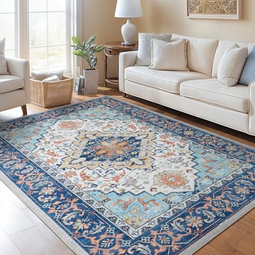 Lofus 6x9 Area Rugs for Living Room Bedroom, Soft Boho Carpet Floral Blue