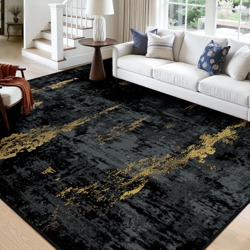 RELEANY Washable Square 10' x10' Area Rug for Living Room Black Gold