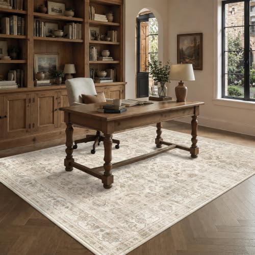 JOOJA 5x7 Beige Neutral Vintage Washable Area Rug, Low Pile Living Room Rug