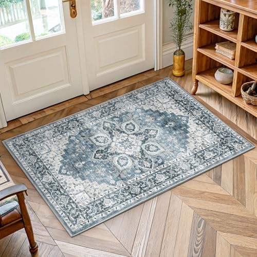 Amada Small 2x3 Washable Area Rug for Entryway, Blue, Vintage Pattern