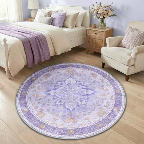 RELEANY Washable Area Rug, Round 4ft, Purple