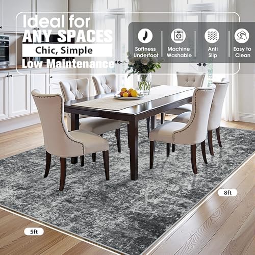 5x8 Area Rugs for Living Room Washable Bedroom Dining Room Black Grey