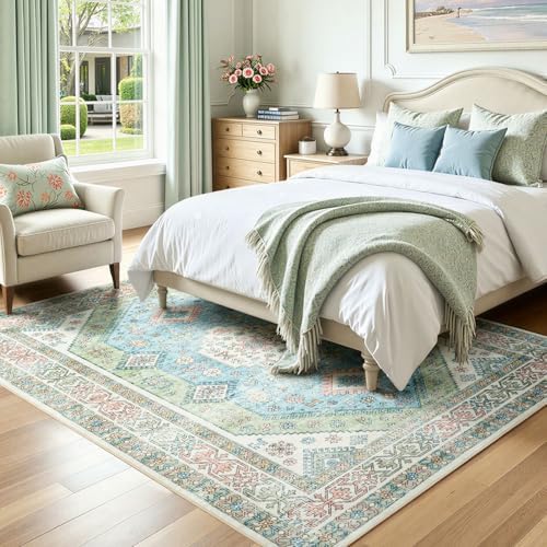 Lofus Living Room Rugs 5x7, Boho Sage Green and Light Blue Washable Carpet