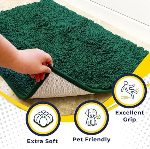 Muddy Mat® | Super Water Absorbent Door Mat Indoor, Microfiber Quick Dry Chenille Entryway Rug, Slip Resistant Front Door Mat, Indoor Mats for Entryway, Machine Washable Pet Rug, Dark Green 24" x 72"