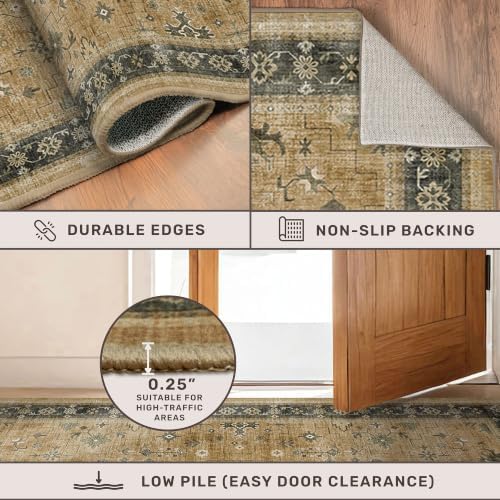 Washable 2x10 Entryway Long Runners for Hallways, Kitchen Floor Mat for Indoor Entrance, Vintage Rustic Brown and Charcoal Olive Decor, Non-Slip Stain Resistant Low-Pile Throw Rug