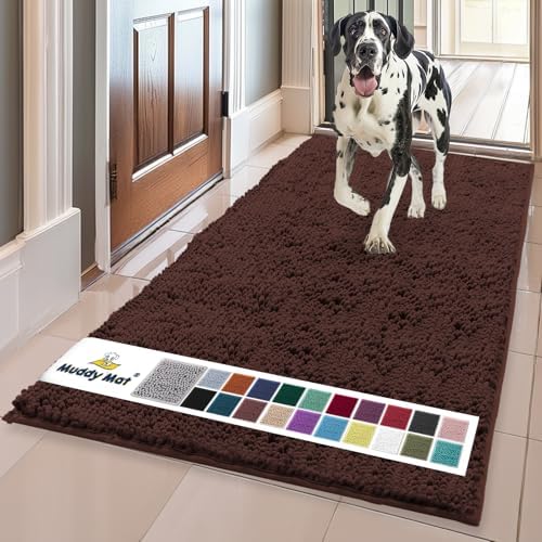 Muddy Mat® | Super Water Absorbent Door Mat Indoor, Microfiber Quick Dry Chenille Entryway Rug, Slip Resistant Front Door Mat, Indoor Mats for Entryway, Machine Washable Pet Rug, Brown 36"x120"